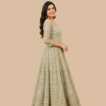 Women's Sage Green Heavy Embroidered Anarkali Gown | Floral Sequin & Beadwork Ethnic Dress | Designer Wedding Wear - Image 3