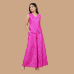 Women's Pink Floral Brocade Co-Ord Set | Sleeveless V-Neck Top with Flared Palazzo Pants | Festive Party Wear Outfit - Image 2
