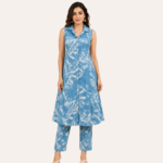 Women's Sleeveless Printed A-Line Kurta Pant Set | Collared Neck Ethnic Co-Ord Set for Women | Casual Summer Wear - Image 3
