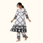 Black & White Geometric Printed Kurta Pant Set | Straight Fit Ethnic Co-Ord Set | Casual & Office Wear - Image 2