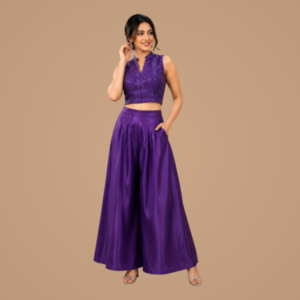 Sequins Embellished Purple Co-Ord Set | Sleeveless Crop Top with Flowy Palazzo Pants | Party Wear Designer Western Ethnic Fusion Outfit