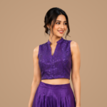 Sequins Embellished Purple Co-Ord Set | Sleeveless Crop Top with Flowy Palazzo Pants | Party Wear Designer Western Ethnic Fusion Outfit - Image 2