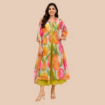 Women’s Floral Printed Organza Layered Maxi Dress | Designer Tulip Print Long Shrug Dress for Women | Elegant Party & Vacation Wear - Image 2