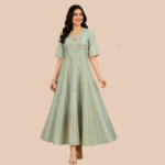 Women's Pastel Green Embroidered A-Line Kurta Dress | Floral V-Neck Ethnic Casual Wear Midi Dress for Women | Summer Comfort Outfit
