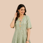 Women's Pastel Green Embroidered A-Line Kurta Dress | Floral V-Neck Ethnic Casual Wear Midi Dress for Women | Summer Comfort Outfit - Image 2
