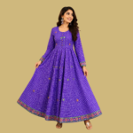 Purple Checkered Embroidered Flared Anarkali Gown | Ethnic Long Dress with Hand Embroidery | Festive & Party Wear Kurta Dress