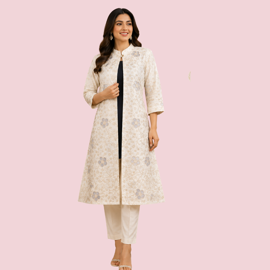 47 White Embroidered Floral Long Jacket Kurta with Straight Pant | Elegant Festive Ethnic Co-Ord Set for Women | Party & Occasion Wear - Image 1