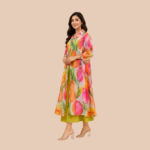Women’s Floral Printed Organza Layered Maxi Dress | Designer Tulip Print Long Shrug Dress for Women | Elegant Party & Vacation Wear