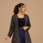 Black Embroidered Indo-Western Shrug Set with Navy Dhoti Pants | Designer Party Wear Co-Ord Set | Ethnic Fusion Outfit for Women - Image 2