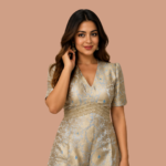 Women's Jacquard Silk Party Wear Co-Ord Set | V-Neck Embroidered Waist Belt Top with Flared Palazzo Pants | Designer Festive Outfit for Women - Image 2