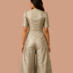 Women's Jacquard Silk Party Wear Co-Ord Set | V-Neck Embroidered Waist Belt Top with Flared Palazzo Pants | Designer Festive Outfit for Women - Image 3
