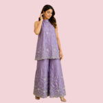 Lavender Embroidered Halter Neck Co-Ord Set | Sleeveless Designer Top with Wide-Leg Palazzo Pants | Elegant Party Wear Ethnic Fusion Outfit