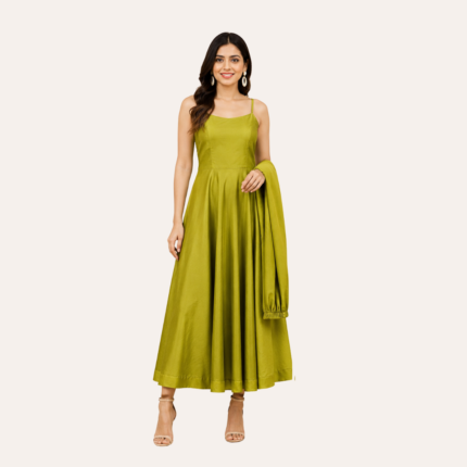 M Room Women's Olive Green Flared Maxi Dress with Matching Shrug | Sleeveless A-Line Dress for Women | Party & Casual Wear