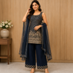 Women’s Navy Blue Embroidered Sleeveless Kurta with Palazzo Pants & Dupatta | Designer Ethnic Festive Salwar Set for Women