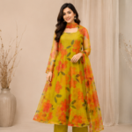 Floral Printed Layered Maxi Dress with Chiffon Overlay | Ethnic Long Dress for Women | Designer Festive A-Line Kurta Set