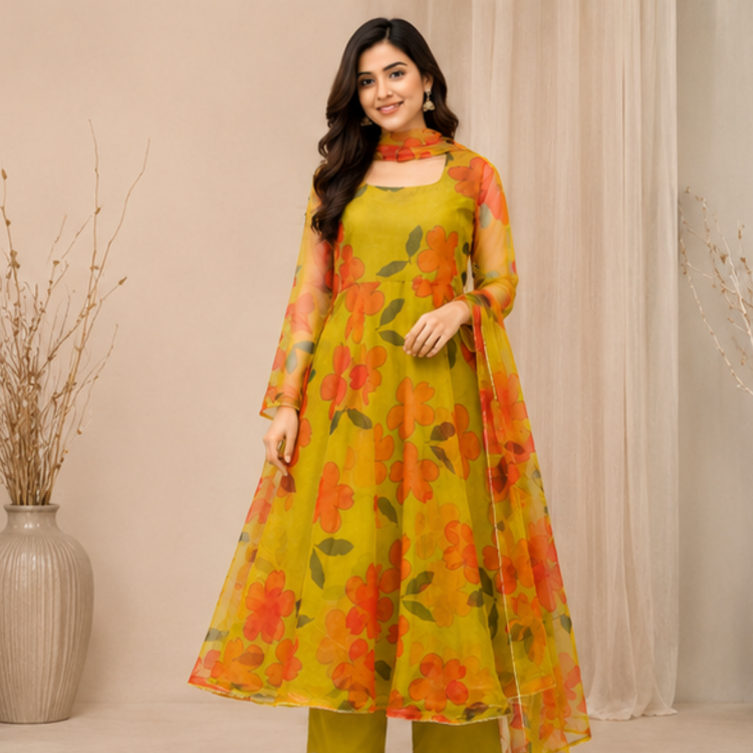 12 Floral Printed Layered Maxi Dress with Chiffon Overlay | Ethnic Long Dress for Women | Designer Festive A-Line Kurta Set - Image 1