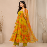 Floral Printed Layered Maxi Dress with Chiffon Overlay | Ethnic Long Dress for Women | Designer Festive A-Line Kurta Set - Image 2