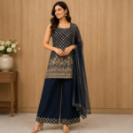 Women’s Navy Blue Embroidered Sleeveless Kurta with Palazzo Pants & Dupatta | Designer Ethnic Festive Salwar Set for Women - Image 2