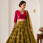 Elegant Olive Green Velvet Embroidered Lehenga Set | Full Sleeve Crop Top with Flared Skirt & Dupatta | Festive & Wedding Party Wear - Image 2