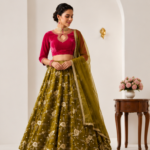 Elegant Olive Green Velvet Embroidered Lehenga Set | Full Sleeve Crop Top with Flared Skirt & Dupatta | Festive & Wedding Party Wear