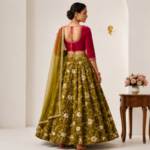 Elegant Olive Green Velvet Embroidered Lehenga Set | Full Sleeve Crop Top with Flared Skirt & Dupatta | Festive & Wedding Party Wear - Image 3