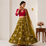 Elegant Olive Green Velvet Embroidered Lehenga Set | Full Sleeve Crop Top with Flared Skirt & Dupatta | Festive & Wedding Party Wear - Image 4
