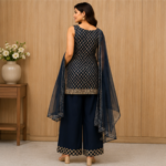 Women’s Navy Blue Embroidered Sleeveless Kurta with Palazzo Pants & Dupatta | Designer Ethnic Festive Salwar Set for Women - Image 3