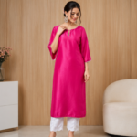 Elegant Pink Kurta with White Scalloped Bottom | 3/4 Sleeve Simple Ethnic Outfit