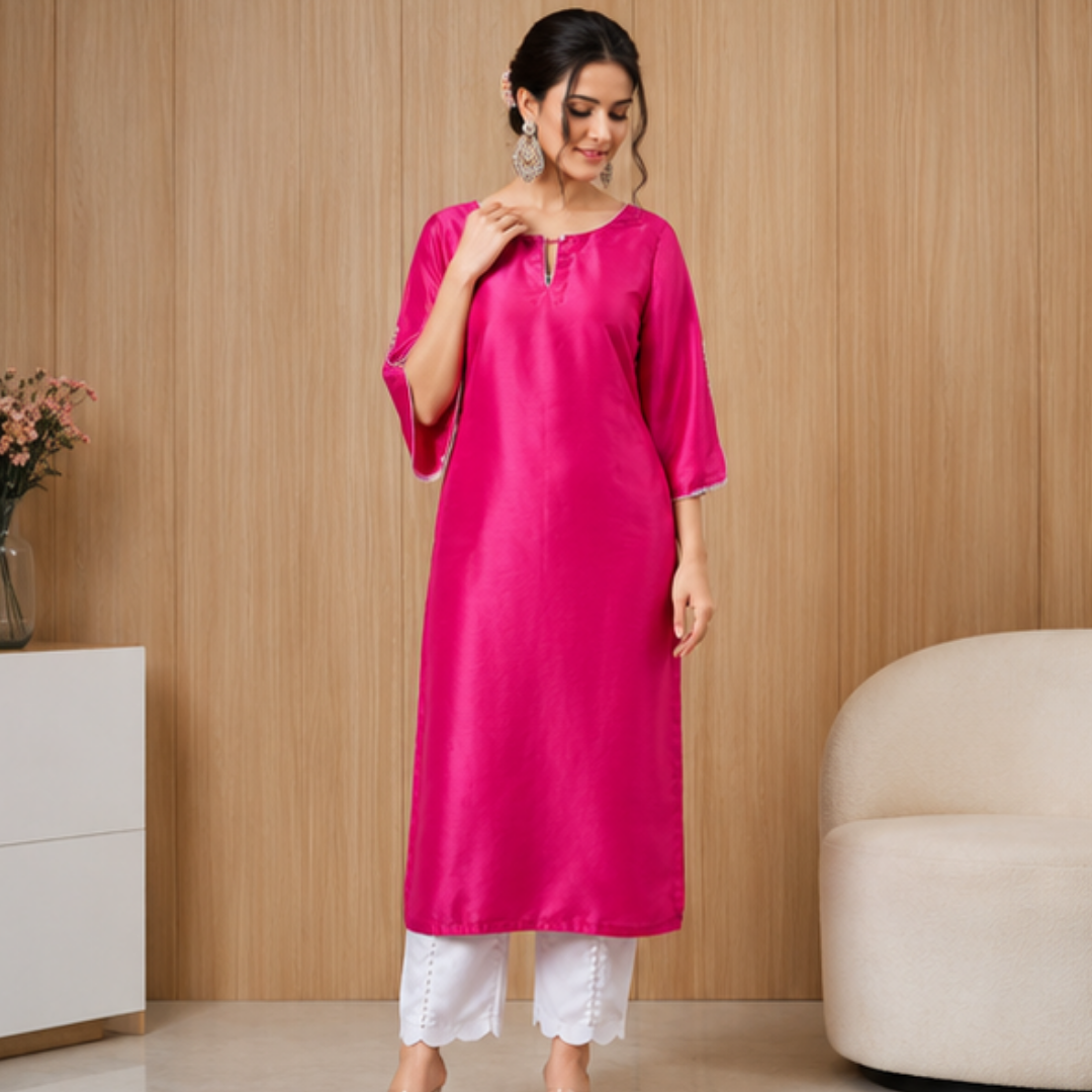 33 Elegant Pink Kurta with White Scalloped Bottom | 3/4 Sleeve Simple Ethnic Outfit - Image 1
