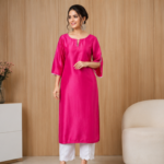 Elegant Pink Kurta with White Scalloped Bottom | 3/4 Sleeve Simple Ethnic Outfit - Image 2