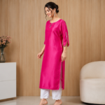Elegant Pink Kurta with White Scalloped Bottom | 3/4 Sleeve Simple Ethnic Outfit - Image 3