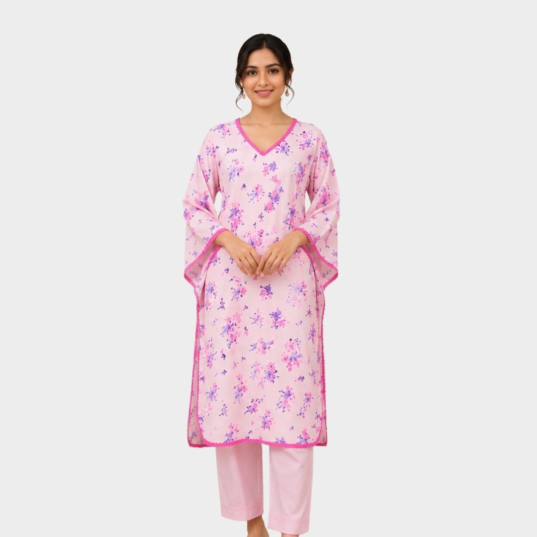 36 Pink Floral Printed Tunic Kurta with Contrasting Piping | Casual & Daily Wear Ethnic Top for Women - Image 1