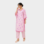 Pink Floral Printed Tunic Kurta with Contrasting Piping | Casual & Daily Wear Ethnic Top for Women - Image 2