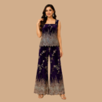 Women's Deep Purple Velvet Embellished Co-Ord Set | Sleeveless Top with Flared Pants | Party & Festive Wear