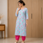Elegant Women's Light Blue & Pink Floral Kurta Set | Straight Fit Kurta with Matching Pants | Festive & Casual Wear