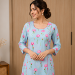 Elegant Women's Light Blue & Pink Floral Kurta Set | Straight Fit Kurta with Matching Pants | Festive & Casual Wear - Image 2