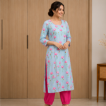 Elegant Women's Light Blue & Pink Floral Kurta Set | Straight Fit Kurta with Matching Pants | Festive & Casual Wear - Image 3