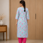 Elegant Women's Light Blue & Pink Floral Kurta Set | Straight Fit Kurta with Matching Pants | Festive & Casual Wear - Image 4