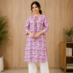 Pink leafy patterned dress with white bottom wear