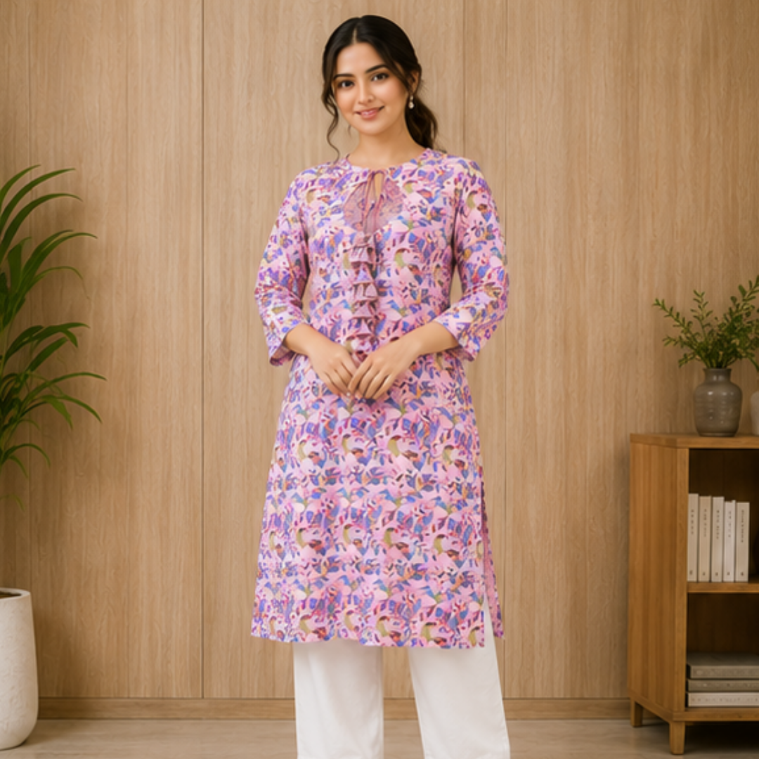 48 Pink leafy patterned dress with white bottom wear - Image 1