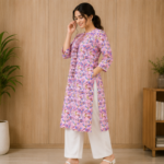 Pink leafy patterned dress with white bottom wear - Image 2