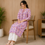 Pink leafy patterned dress with white bottom wear - Image 3