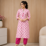 Pink Floral Kurta with Matching Bottoms | Elegant Casual Ethnic Wear - Image 2