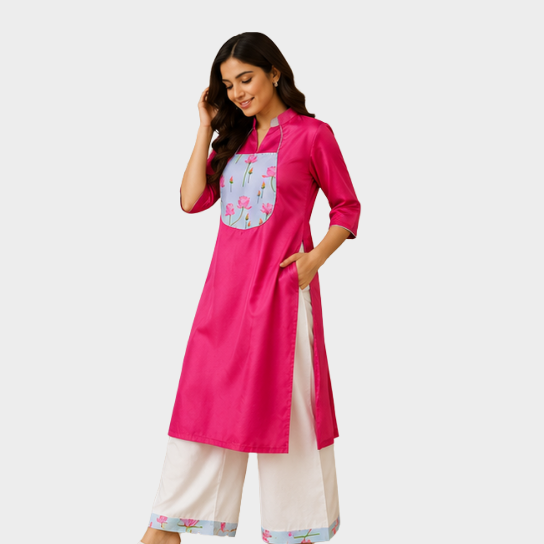 60 Floral Printed Pink Kurti with Contrasting Floral Panel - Image 1