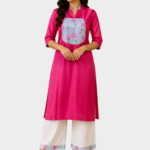 Floral Printed Pink Kurti with Contrasting Floral Panel - Image 2