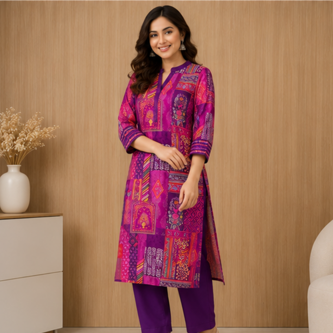 63 Elegant Women's Pink & Purple Patchwork Kurta Set | Straight Fit Kurta with Matching Pants | Ethnic Festive Wear - Image 1