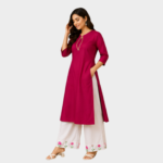 Pink Floral-Print Kurti with White Bottom - Image 3