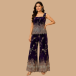Women's Deep Purple Velvet Embellished Co-Ord Set | Sleeveless Top with Flared Pants | Party & Festive Wear - Image 4