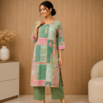 Women's Green & Pink Patchwork Print Kurti with Straight Pants | Casual & Festive Ethnic Wear
