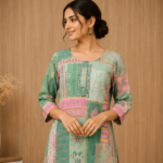 Women's Green & Pink Patchwork Print Kurti with Straight Pants | Casual & Festive Ethnic Wear - Image 2